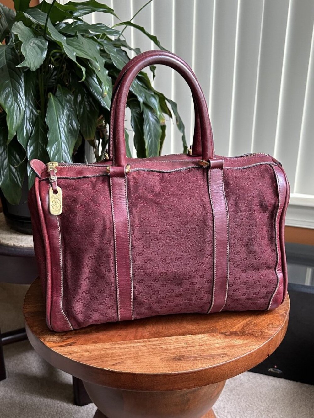 GUCCI GG Canvas Monogram Boston Bag, Burgundy, Rare!!